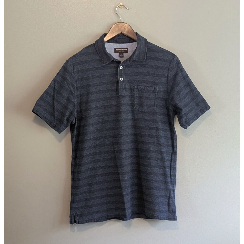 Johnston & Murphy Mens M Medium Blue Striped Pima Cotton Pocket Polo Shirt SS
